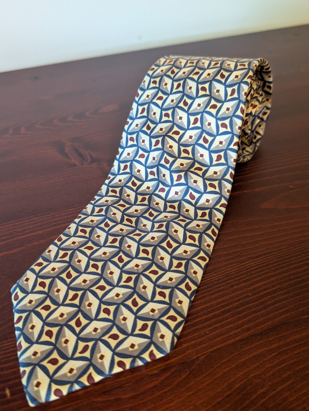 Vintage Brooks Brothers Silk Tie Geometric Diamond Pattern Gold Blue Maroon